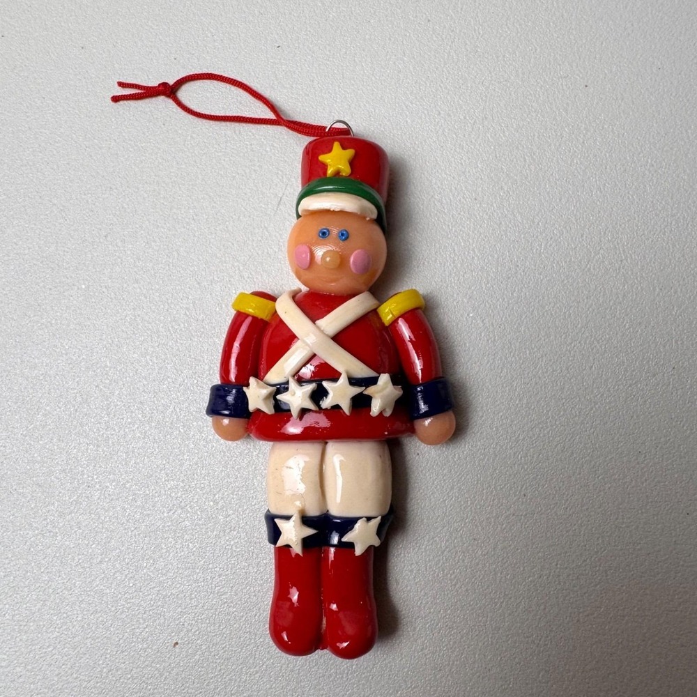 Vintage Clay Dough Toy Soldier Christmas Ornament‎ Red White Blue Handcrafted 4"